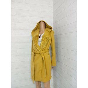 Monoreno Womens Size Medium Yellow Double Button Pea Coat Hooded Heavy Jacket